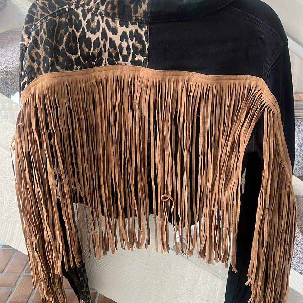 Western cowgirl denim and leopard cropped jacket L